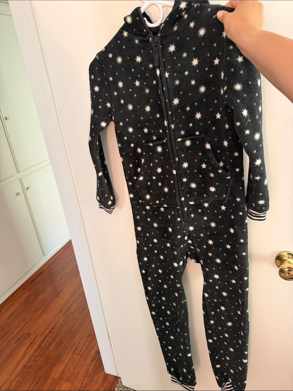Kids Black Star Print Fleece One-Piece Sleepwear with Hoodie